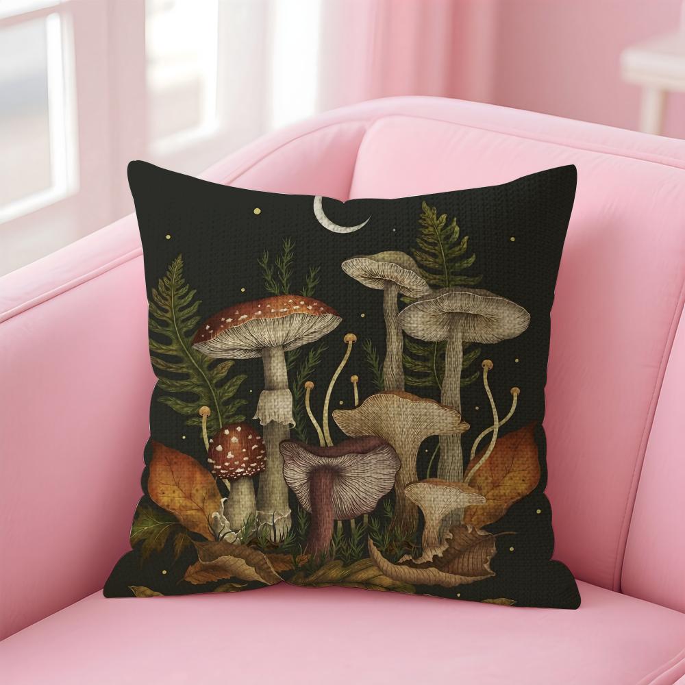 Mushroom Illustrations Cushion Cover Natural Linen Pillow Case Double-Sided Print Decorative Sofa Pillowcase Home Decor Gift
