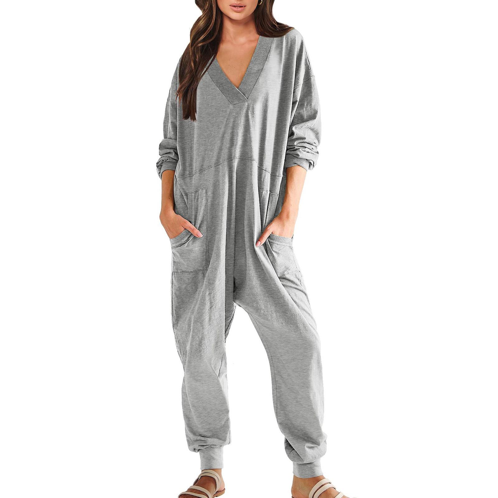 

Женский модный свободный повседневный однотонный комбинезон с длинным рукавом и v-образным вырезом S