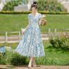 Women's Floral Print Square Neck Puff Sleeve Tie-Waist Midi Dress