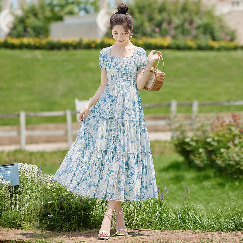 Women's Floral Print Square Neck Puff Sleeve Tie-Waist Midi Dress