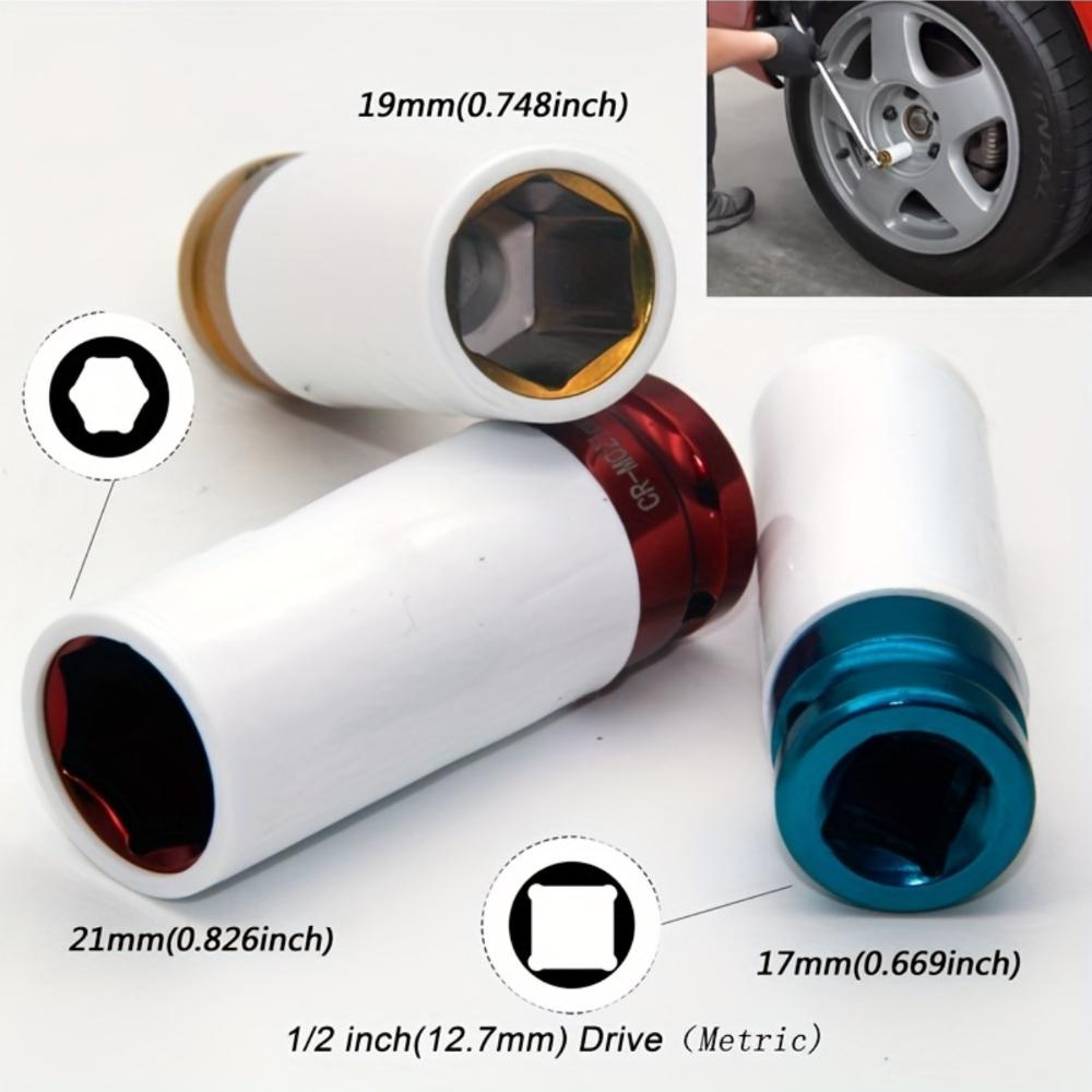 3-piece 1/2-inch Drive Impact Sleeve Set, Thin-walled Hub Nut Sleeve, Metal Deep Sleeve Set for Tire Protection