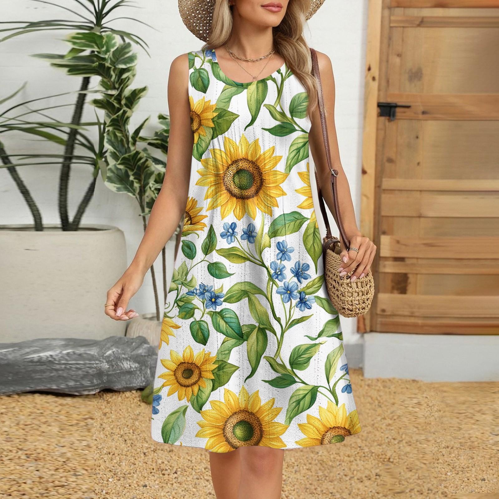 

Women s Casual Fashion Breathable Flower Printed Vest Dress With Pockets XXL жовтий