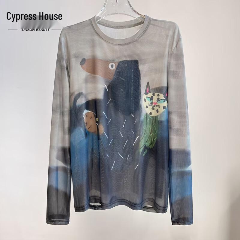 Women s Round Neck Printed Mesh Long Sleeve Top M