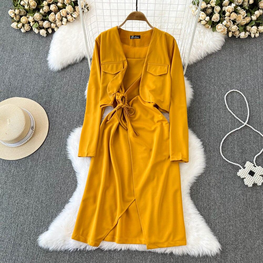 Fashion Suit Female Casual High Waist Short Solid Color Suit Jacket Two-Piece Set Halter Slit Pull Rope Dress Autumn