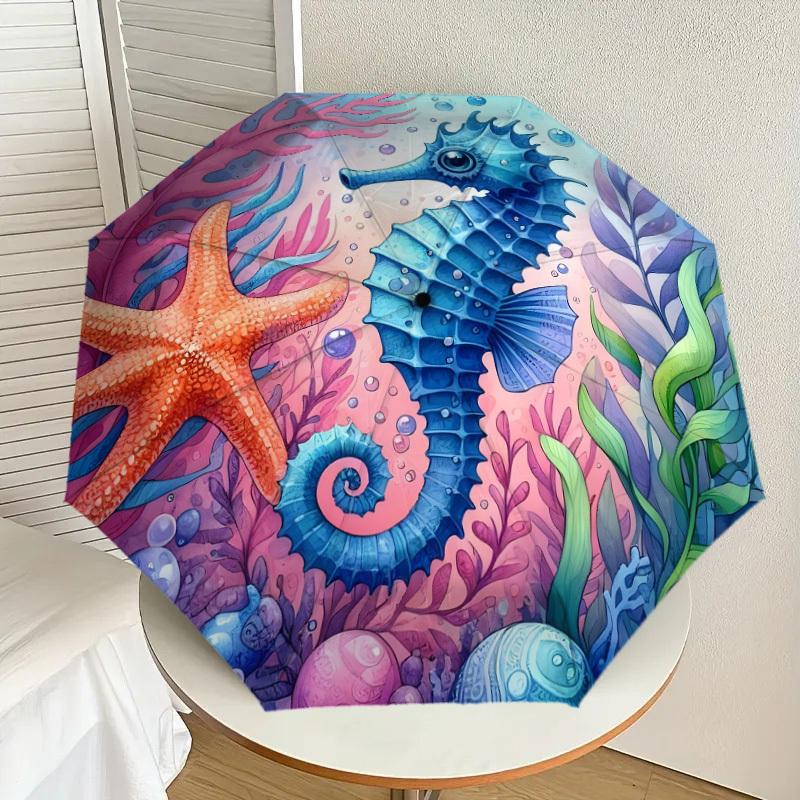 

1pc Oceanic Marine Life Illustration Umbrella with Plastic Handle,Suitable for All Seasons Home Travel Outdoor UmbrellaDD1217