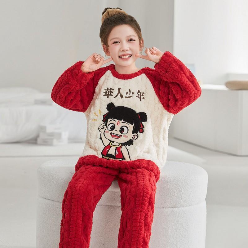 Girls Coral Fleece Pajama Set With Hooded Cartoon Character Design Winter Warm Sleepwear Kids 8 Years