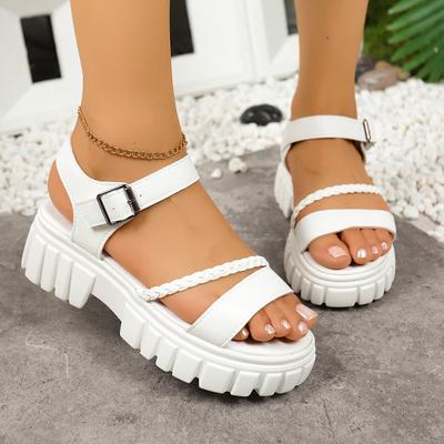 2025 Summer New Square Heel Muffin Platform Sandals Women's One-word Buckle Belt Comfortable Versatile Casual Open-toed Sandals