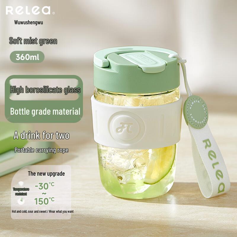 RELEA Portable High Borosilicate Glass Water Bottle with Straw
