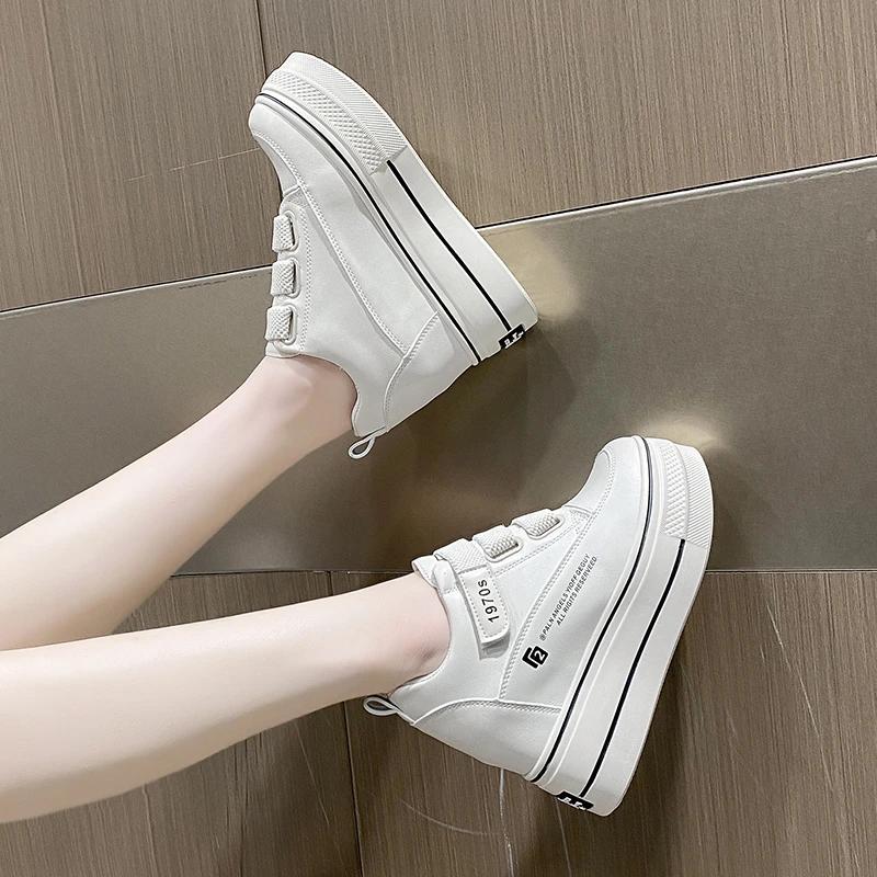 Fashion Women Breathable Sneakers Increased Platform Shoes 8cm Casual Footwear Leisure Leather White Shoes Women's Vulcanize Shoes
