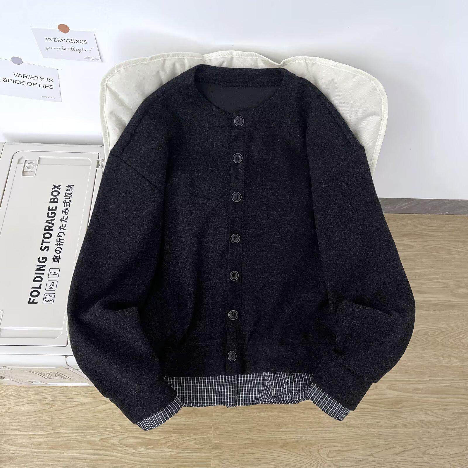 

Japanese Retro Plaid Patchwork Two-Piece Look Loose Cardigan Sweater S чорний