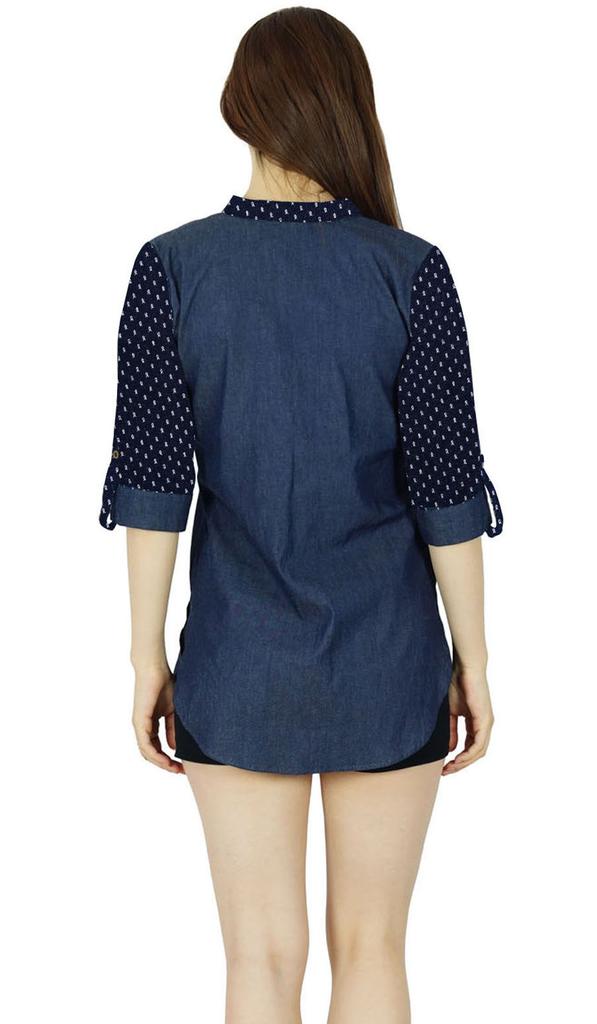 Bimba Women Blue Custom Shirt Casual Denim Top 3 4 Sleeve Formal Button Down