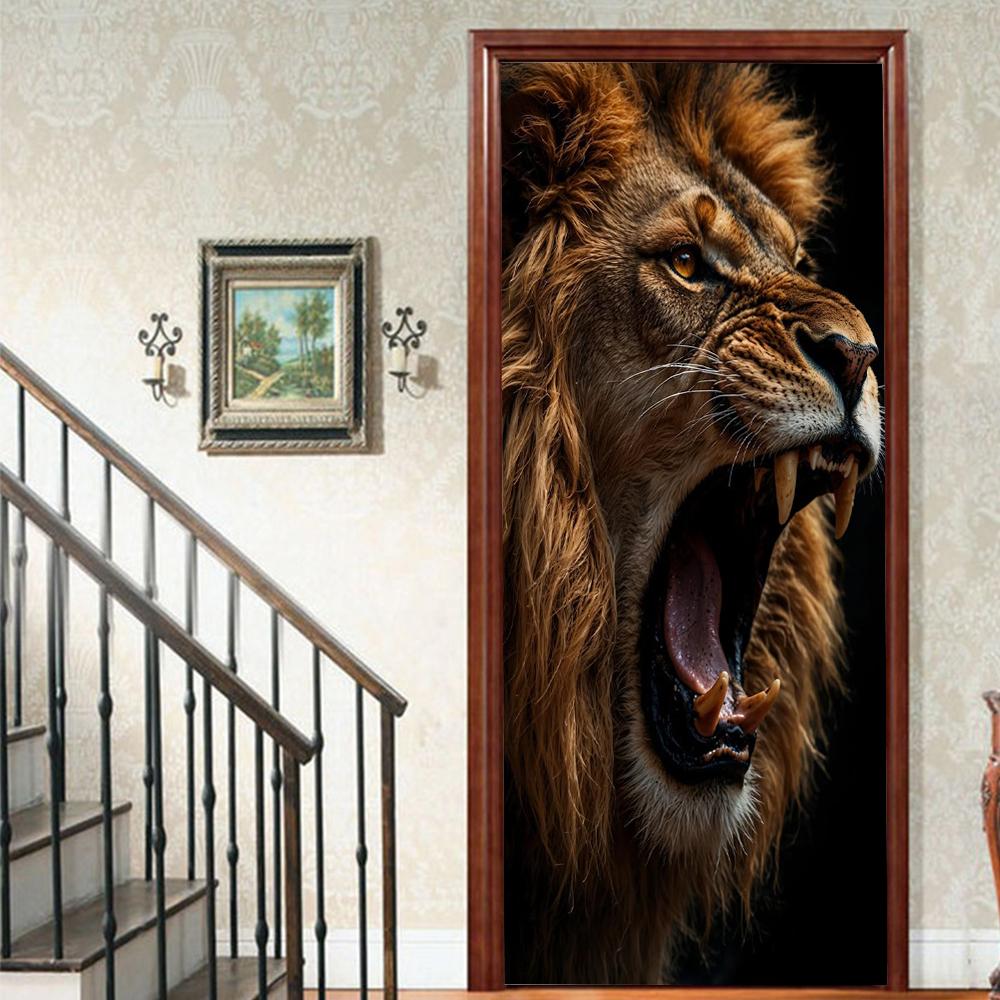 Pegatinas para puerta con diseño de león, realistas, despegables y pegables, para niños, decoración estética para sala de estar.