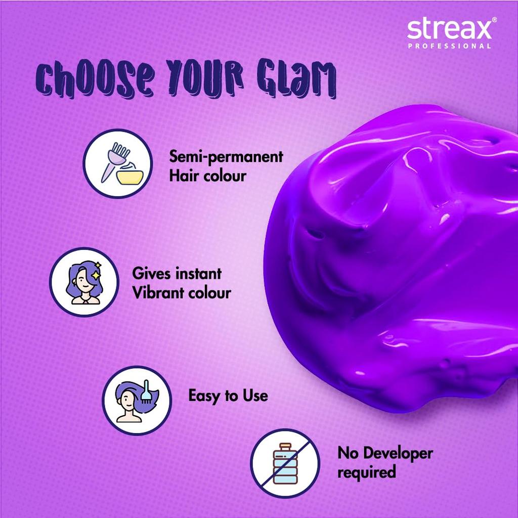 Streax Professional Crazy Violet Semi Permanent Hair Colour Ammonia Free Easy DIY Use Long Lasting Vibrant Purple Hair Dye For Bold Highlights 100ml