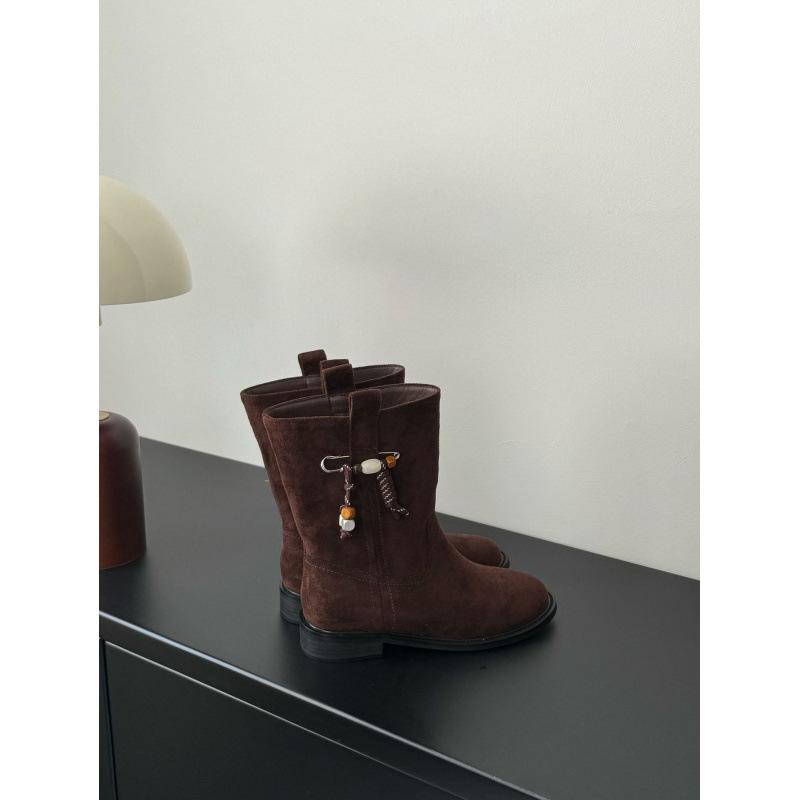 French khaki suede fringed Martin boots for women 2025 new Korean version thick heel round head small short boots for women