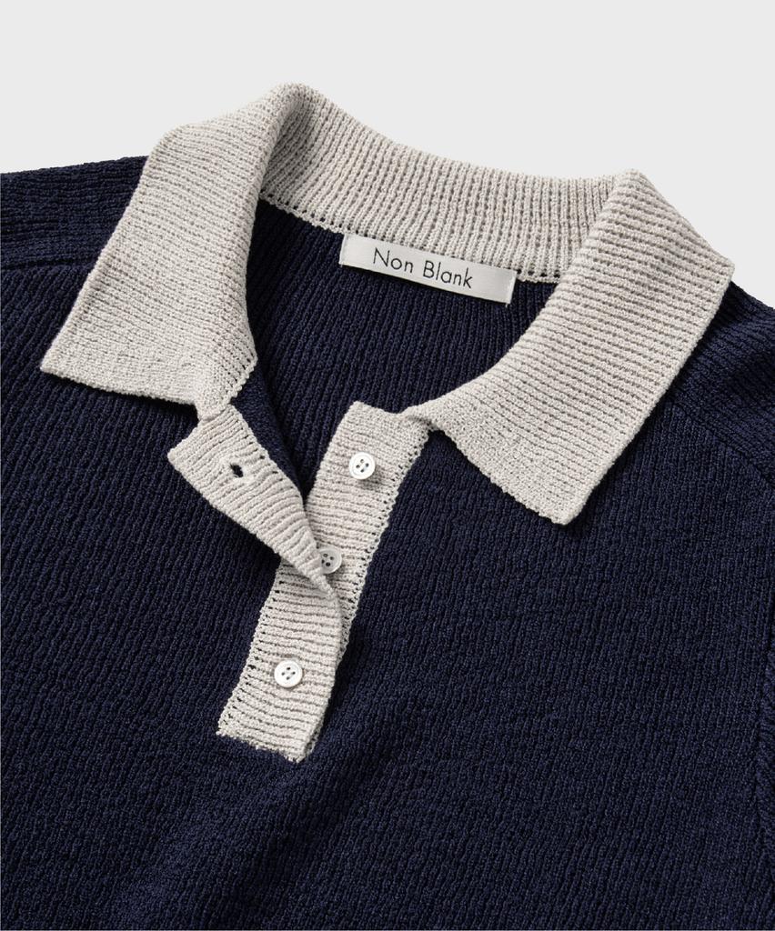 NONBLANK Raglan Half Sleeve Collar Crop Knit_Navy