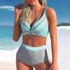 Women's Halter Two Thick Stripes Print Bikini Tankini Swimsuit