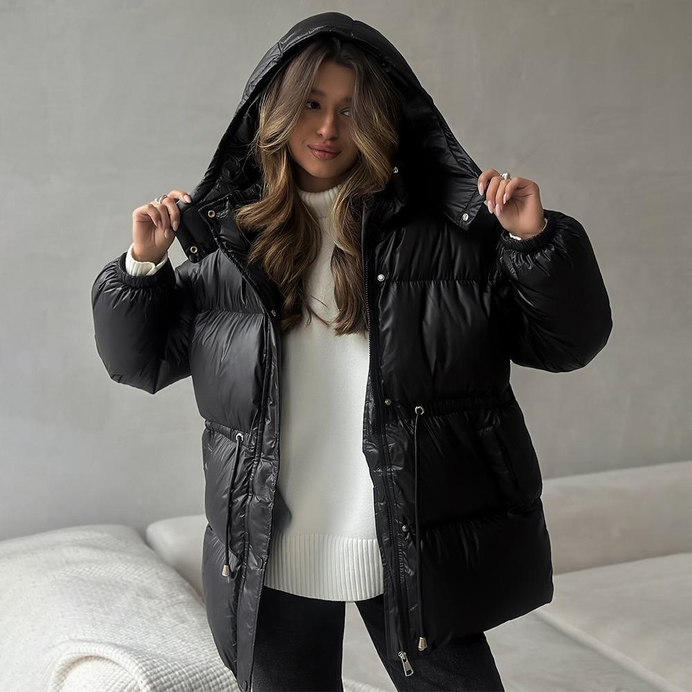 Women's Stand Collar Drawstring Waist Puffer Coat Detachable Hood Long Sleeve Polyester Warm Winter Cotton Jacket