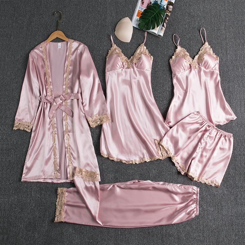 Women's Five-Piece Silk Pajama Set - Sensual Padded Nightdress and Battleship Print for Spring & Summer