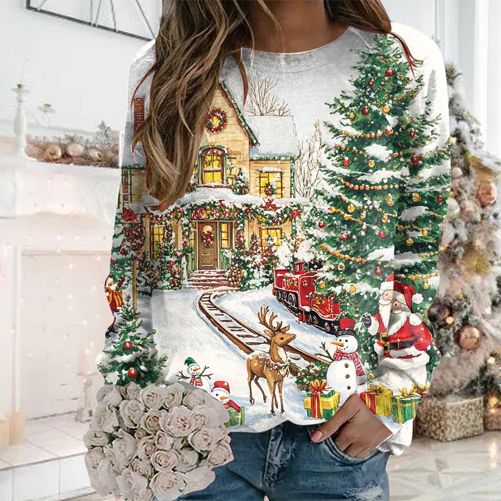 Womens Christmas Sweatshirt Cute Holiday Print Long Sleeve Round Neck Pockets Oversize Top Loose Sweatshirts Outerwear