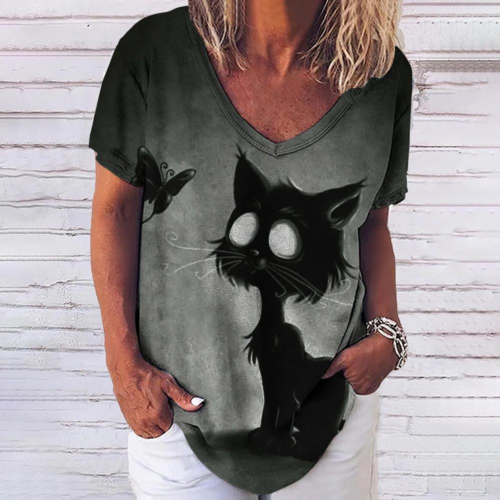 Women's T-shirt 3D Fashionable Cat Print V-neck Short Sleeved Basic Top Street Wear Summer Casual Loose Fitting Women's Clothing