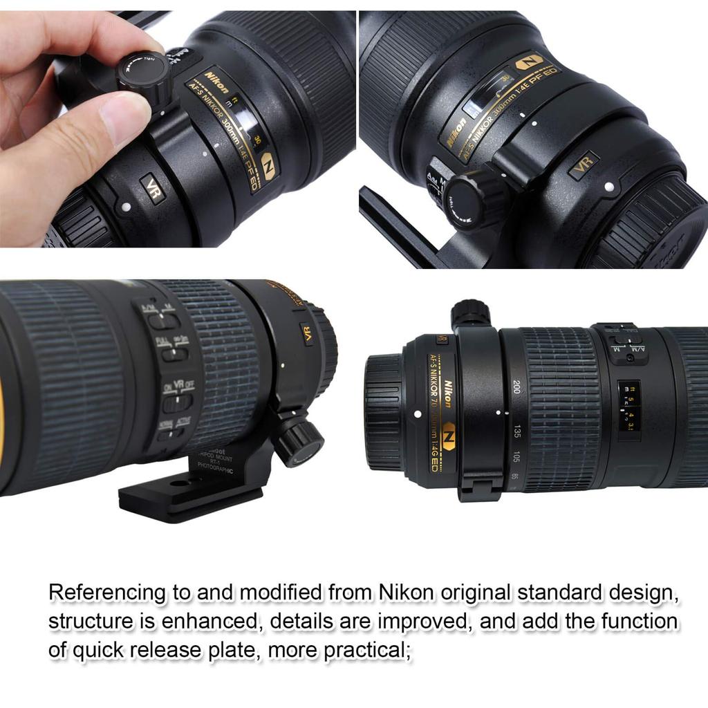 iShoot Tripod Collar Mount specifically designed for the Nikon 300mm PF ED VR and Nikon ED VR The lens support bracket collar features an plate at the