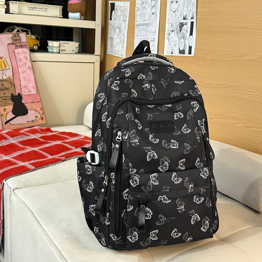 Schoolbag New Schoolbag College Style Light and Cute Backpack Junior High School Students Girls National Style Butterfly Printing Light Backpack
