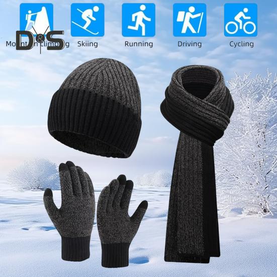 3 Pcs/Set Unisex Winter Beanie Scarf Gloves Set Thick Knitted Warm Cap Touchscreen Gloves Elastic Ear Protection Windproof Winter Outdoor Cycling