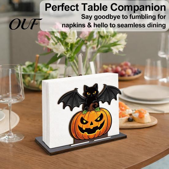 Pumpkin Napkin Holder Halloween Wooden for Table, Black Cat Bat Paper Stand Standing Dispenser, Towel Holiday Party Decor