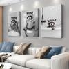 3-piece Set of Cute Raccoon Teeth Brushing Frameless Canvas Decorative Painting, Modern Minimalist Bathroom Black and White Hang