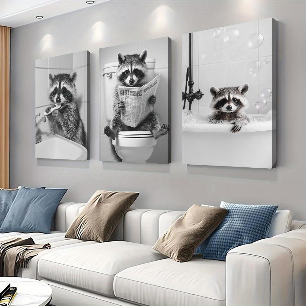 Set di 3 pezzi di adorabile pittura decorativa su tela senza cornice con denti di procione, appendi da bagno moderno minimalista bianco e nero