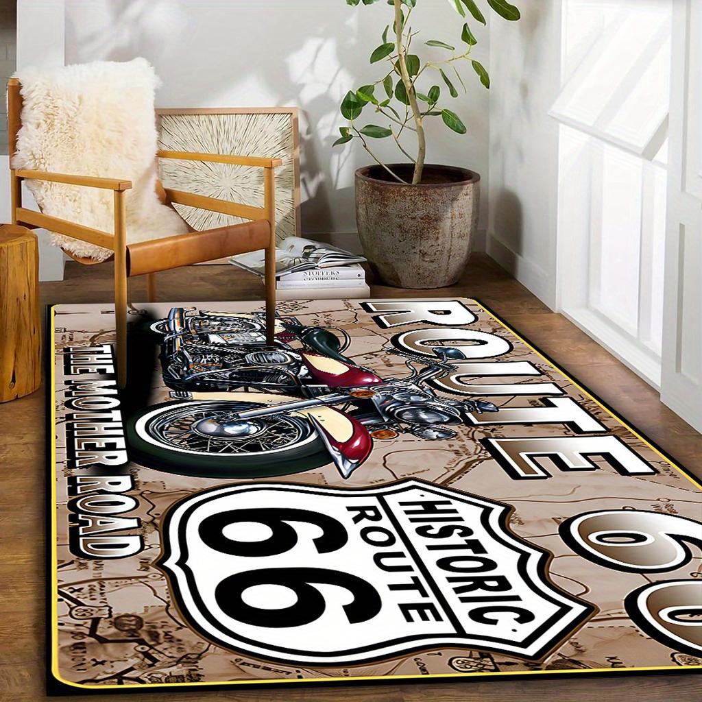 Vintage Route 66 Motorcycle Rug Washable Non Slip Floor Mat for Living Room Office Biker Gift Idea