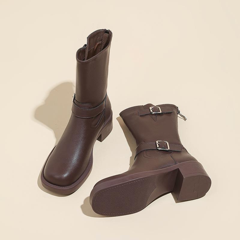 Retro Western Cowboy Boots Women's 2025 Autumn and Winter New Brown Martin Boots Medium and High Thick Heel Knight Boots Short Boots Women