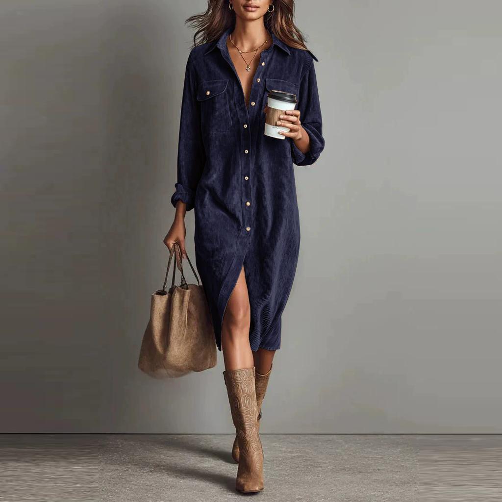 Vintage Women's Dress Spring Summer Office Lady Solid Corduroy Long Sleeve Lapel Shirt Loose Maxi Dresses for Women