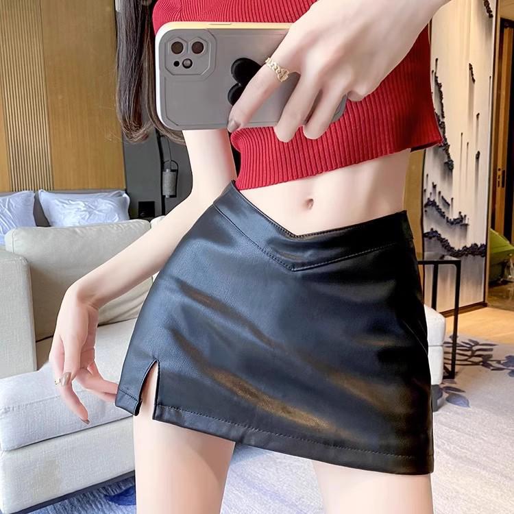 

Black Spicy Girl Low Waist PU Leather Bodycon Midi Skirt with Slit for Women - XS XL