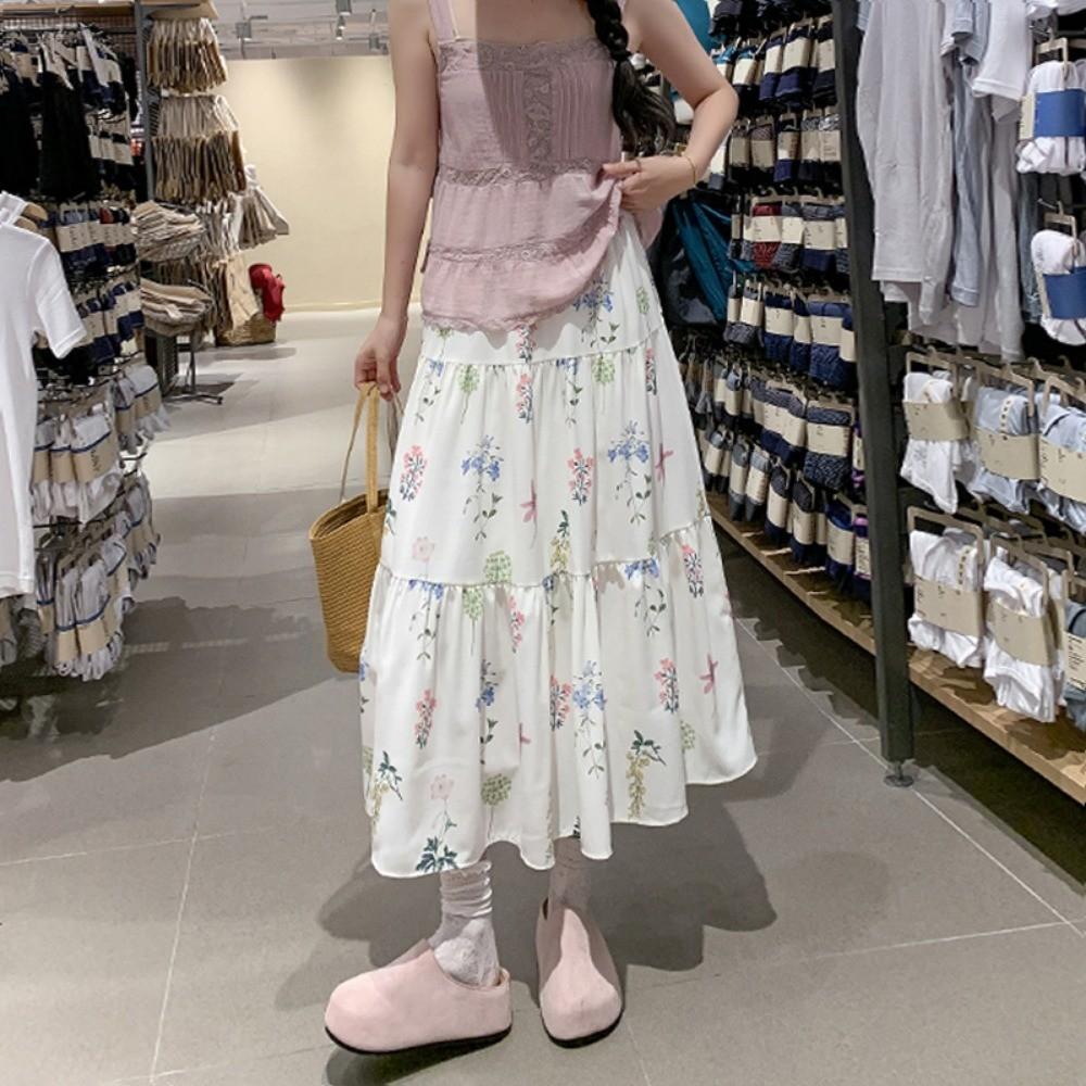 Qooth Elegant Women A-line Floral Ruffle Skirt Wide Hem Mid Length Casual Sweet Skirt QT2622