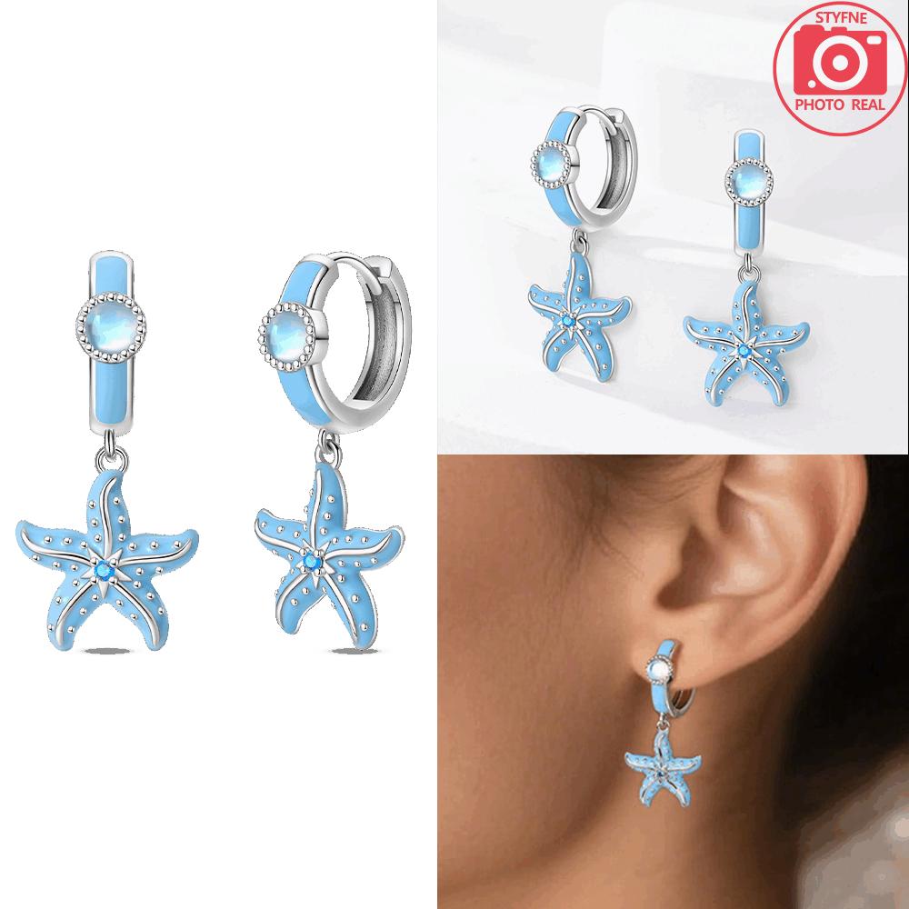 Authentic Original Delicate Copper Metal Dreamy Crystal Fish Tail Earring Blue Sea Star Petal Women's Stud High Quality Fine Jewelry Girlfriend