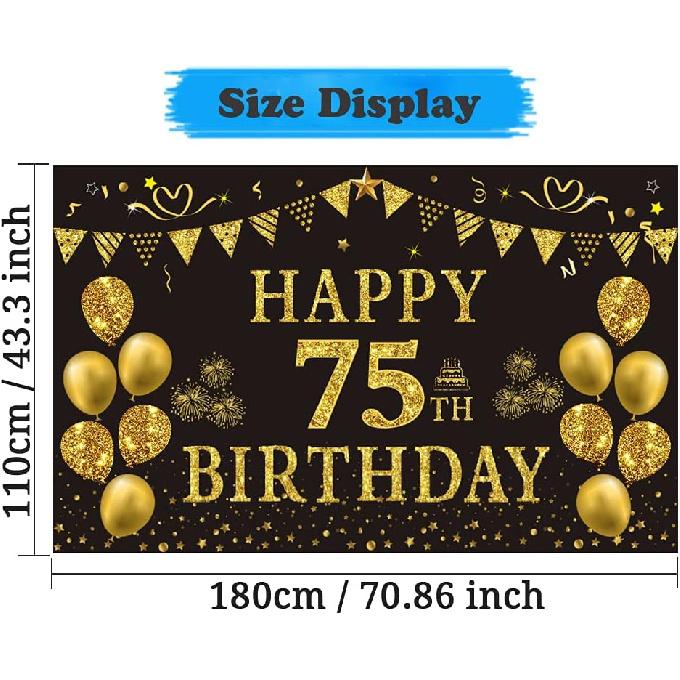 Trgowaul 75th Birthday Backdrop Gold and Black 5.9 X 3.6 Fts Happy Birthday Party Decorations Banner for Women Men Photography Supplies Background