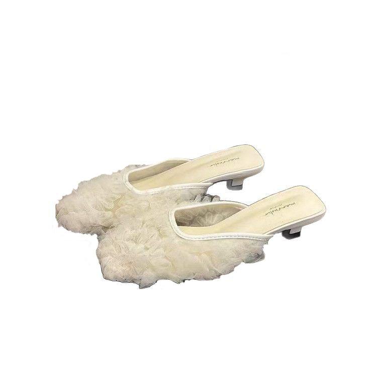 Lace slippers square head low heel half drag women's outer wear 2025 summer new thin heel bag head sandals