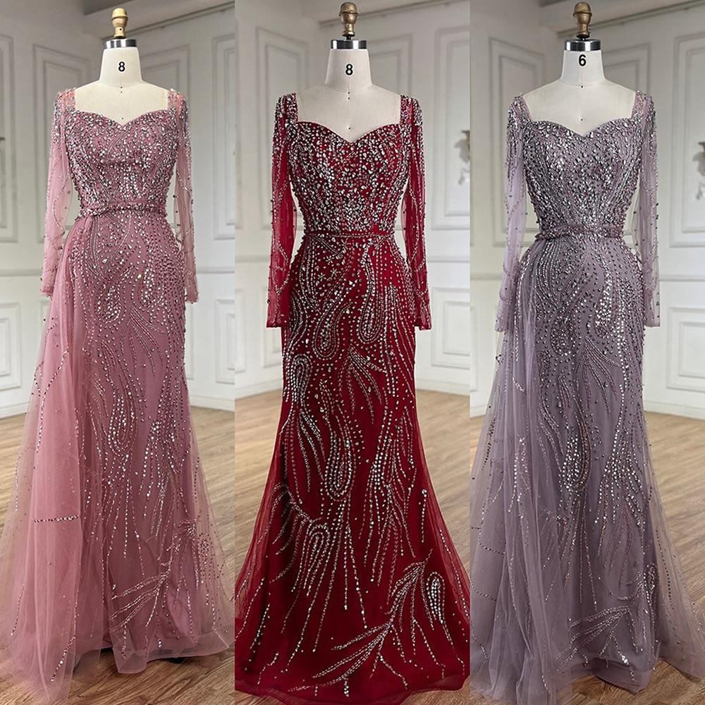 Serene Hill Pink V-Neck Long Sleeve Fishtail Slim Temperament Banquet Host Evening Dress LA11111