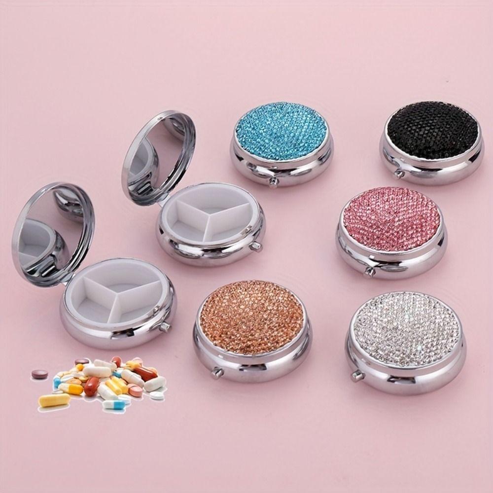 Mini Round Pill Box Bling 3 Compartment Pill Storage Box Sparkling Rhinestone Waterproof Pill Tablet Container Travel