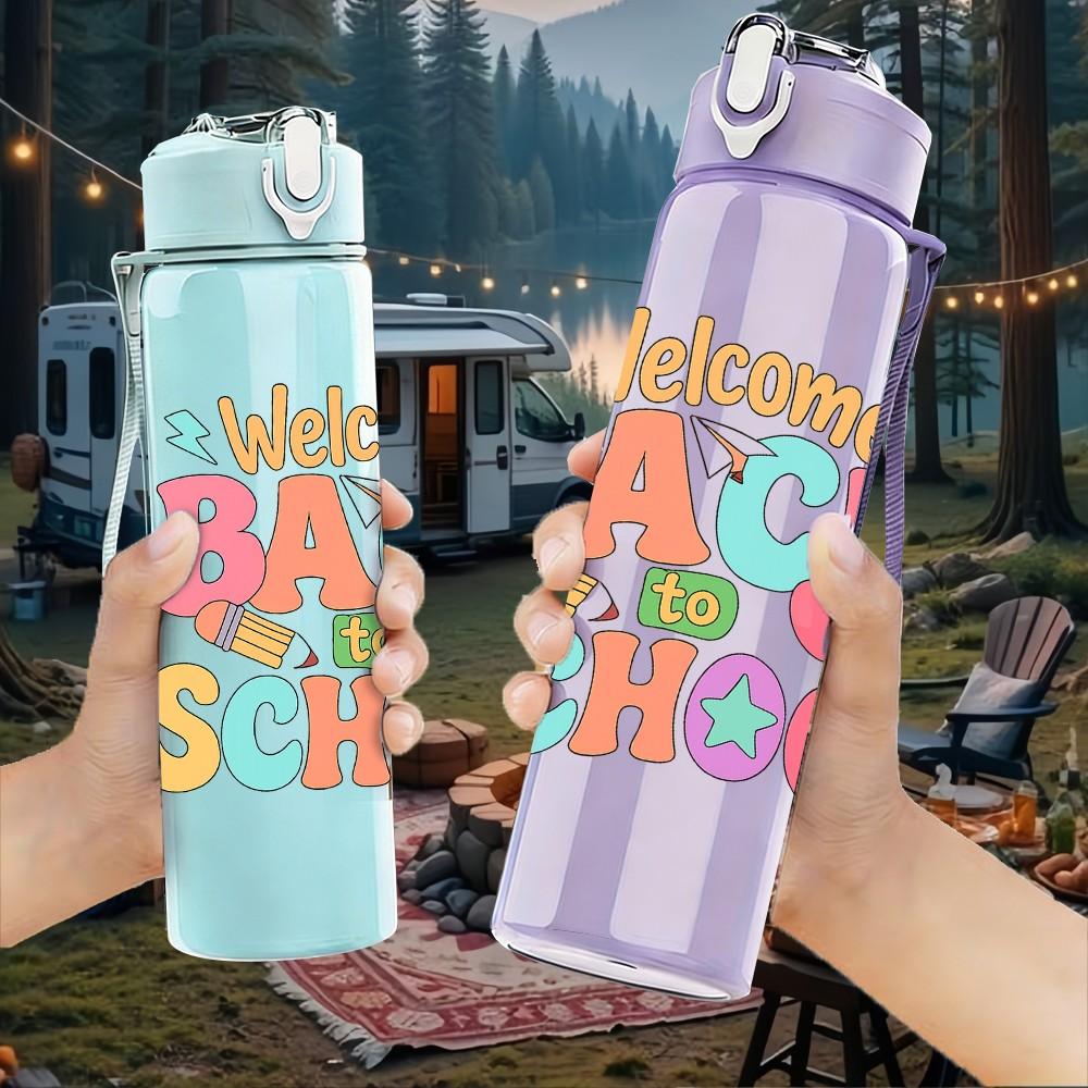 1PC Welcome Back To School Pastel 750ml Color Plastic Sports Water Bottle Leakproof Flip Straw Lid Suitable for Sports Office Home Use