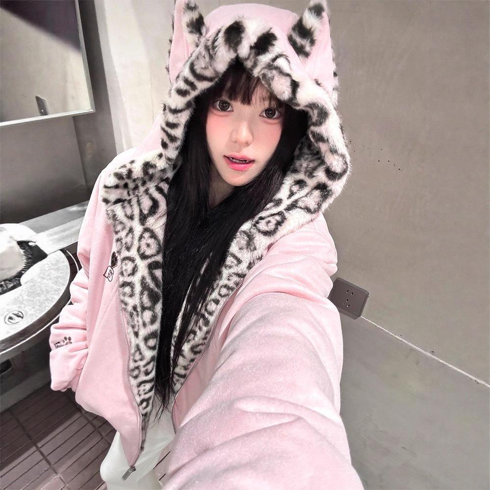 Women's Hooded Zip‑Up Fleece Jacket Cat Ear Leopard Lined Loose Warm Coat For Autumn Winter Casual Streetwear