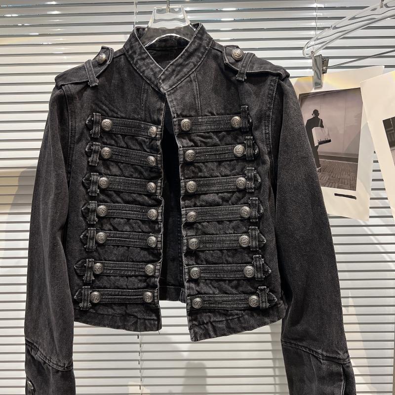Punk Style Black Stand Up Collar Denim Jackets Vintage Washed Motor Coat For Women 2025 Autumn New Loose Long Sleeve Outerwear