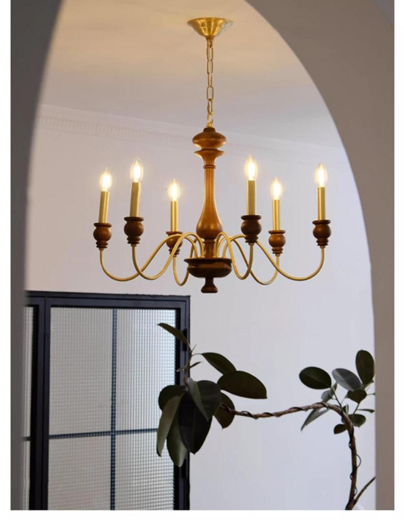 Mid-Century French Retro Candle Chandelier - Solid Wood, Ideal for Living Rooms, Dining Areas, and Bedrooms