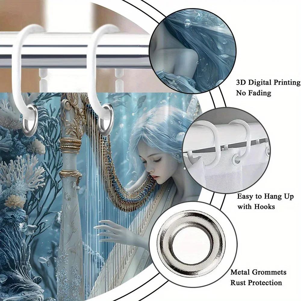 Enchanting Mermaid Harp Shower Curtain - Oceanic Fantasy Design For Modern Bathroom Décor, Waterproof, Easy Care & Unique Art