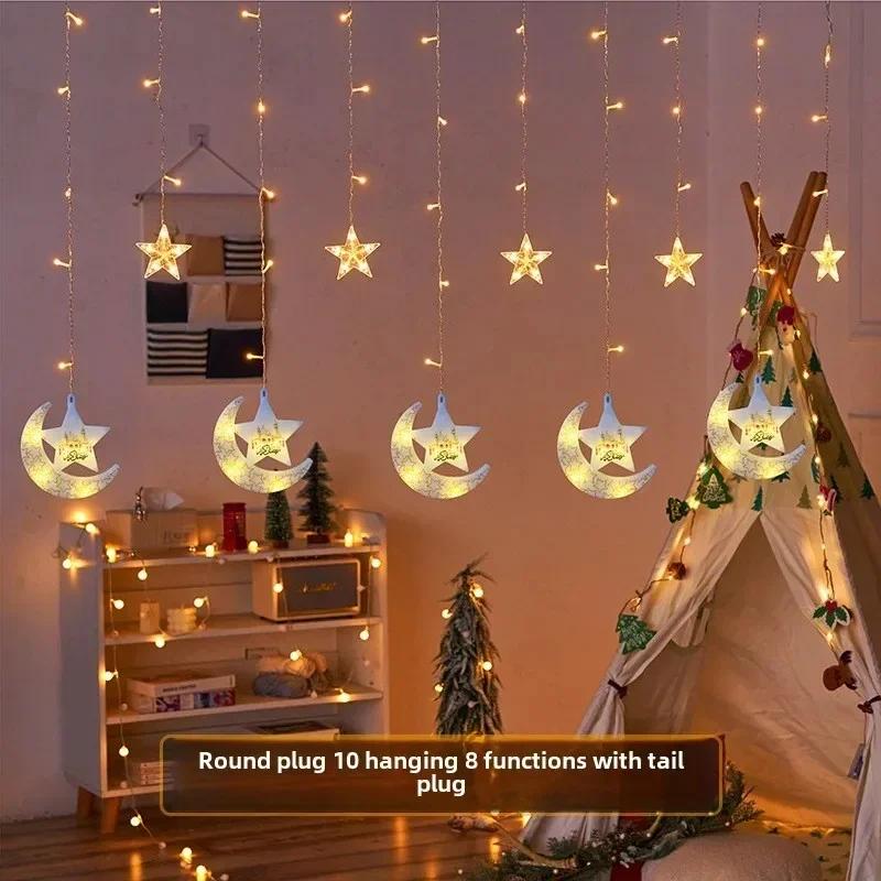 Ramadan String Lights LED Curtain with Moon Castle for Eid Mubarak Celebration Islamic Festive Window Decor Home Atmosphere