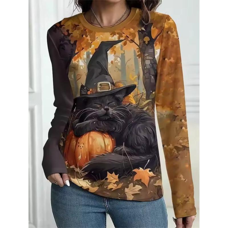 Autumn Women's Halloween T-Shirt Fashion Long Sleeve Party Tops Casual Spooky 3D Printing Loose Shirts OverSized Clothing