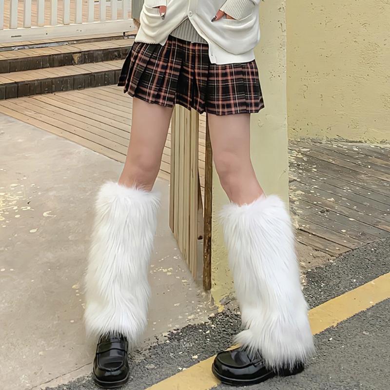 Women's Fuzzy Faux Furs Leg Warmers Furs Heels Long Boots Cuffs Cover One Pair Carnivals Boot Cover Y2K JK Uniform Socks