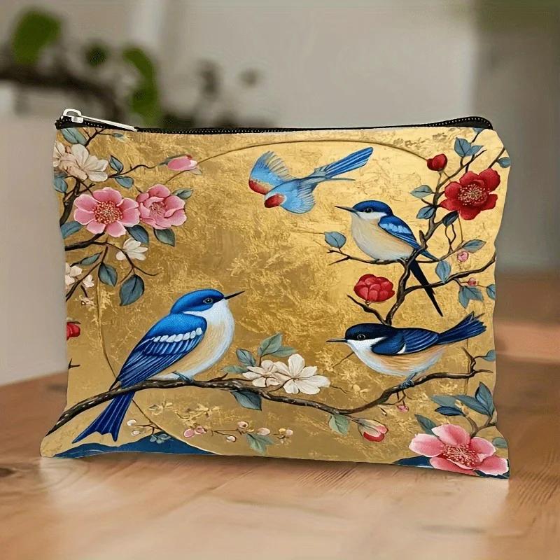 1 Stück leichte, faltbare Kosmetiktasche aus Stoff mit floralem Vogelmuster, Reißverschluss und goldenem Hintergrund