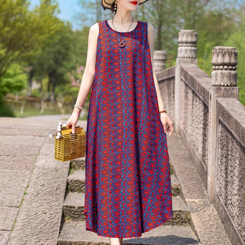 Elegant Sleeveless Dress Summer Fashion Casual Loose Vintage Print Long Dresses for Women Summer Clothes